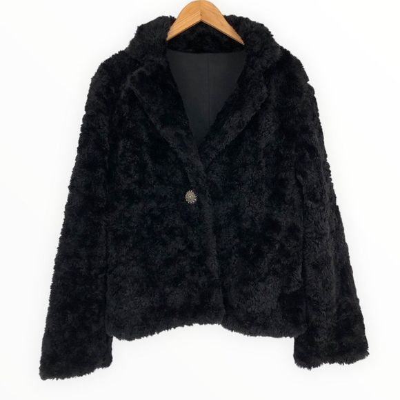 90’s/Y2K Vintage Teddy Faux Fur Black Long Sleeve Jacket Coat Rhinestone Button - Picture 1 of 11